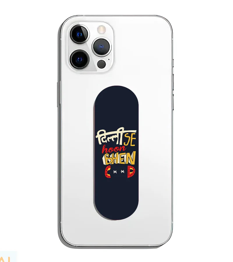 A phone grip slider applied to the back of a smartphone.