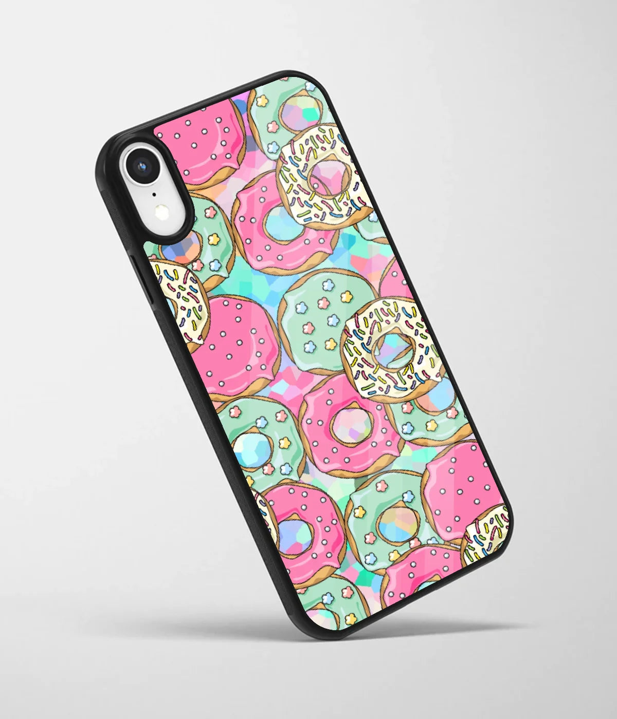An angled view of a glass phone case featuring a vibrant design.