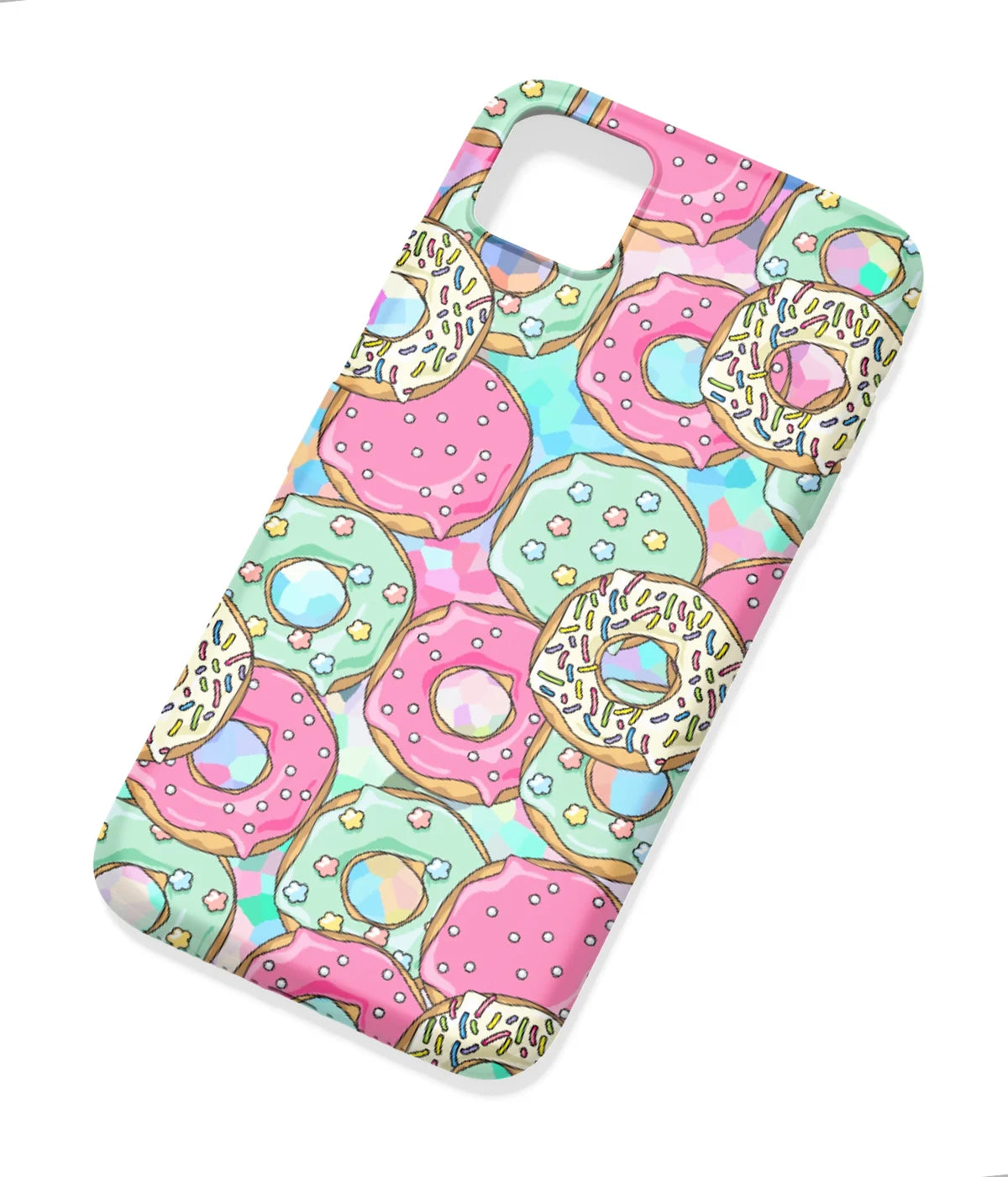 An angled view of a soft silicone case featuring a colorful design.