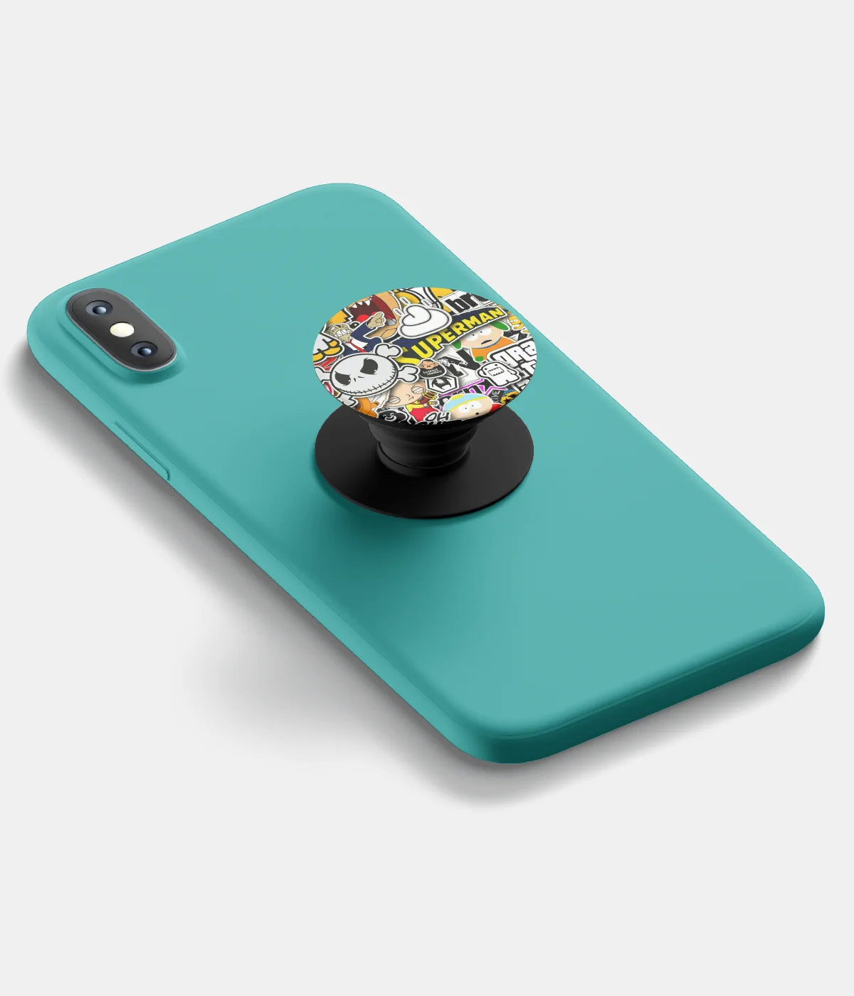 A top-down view of a phone grip holder attached to a mobile phone case on a white background