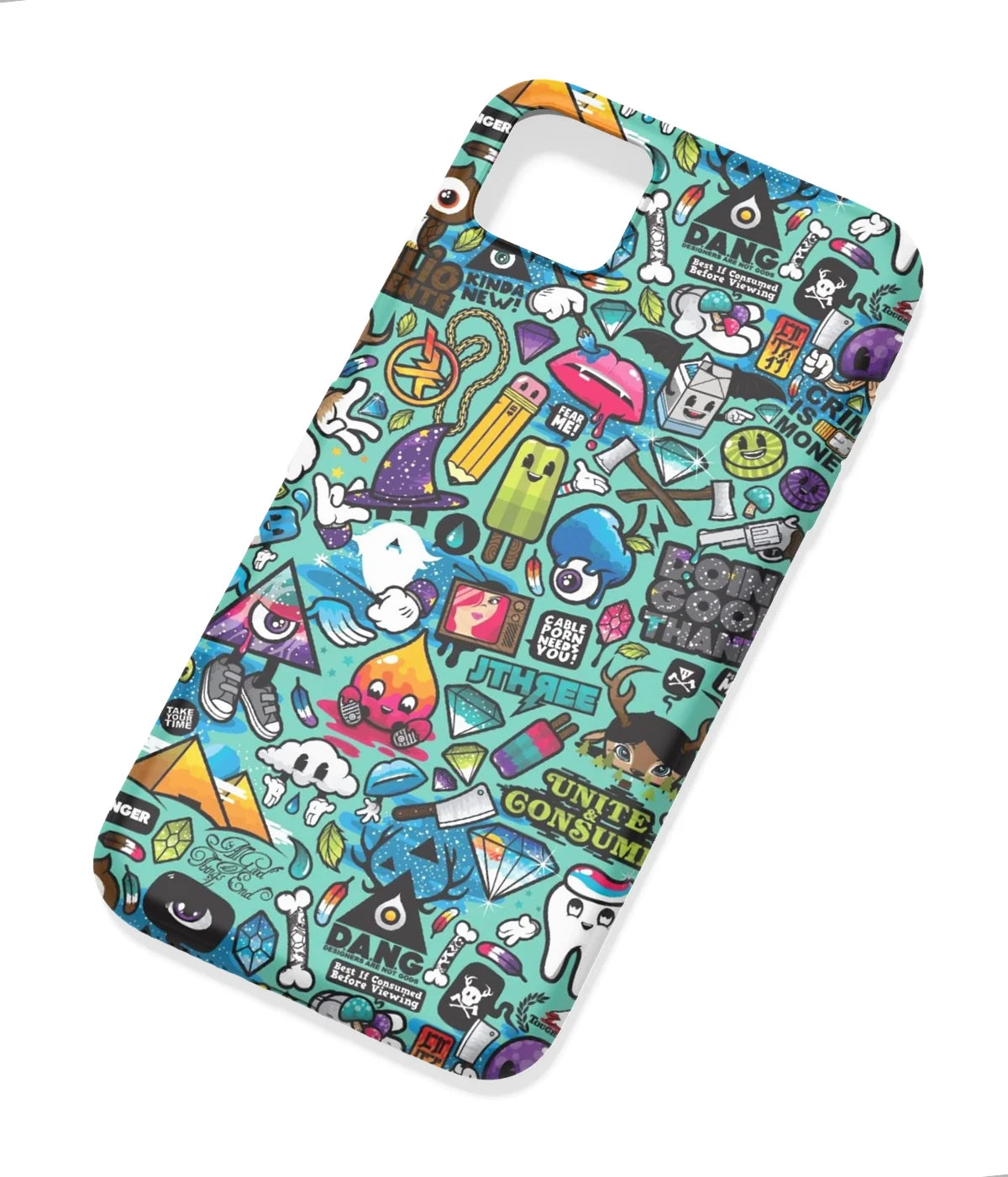 An angled view of a soft silicone case featuring a colorful design.
