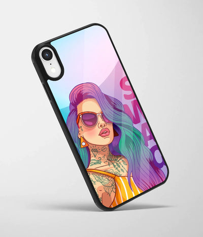 An angled view of a glass phone case featuring a vibrant design.