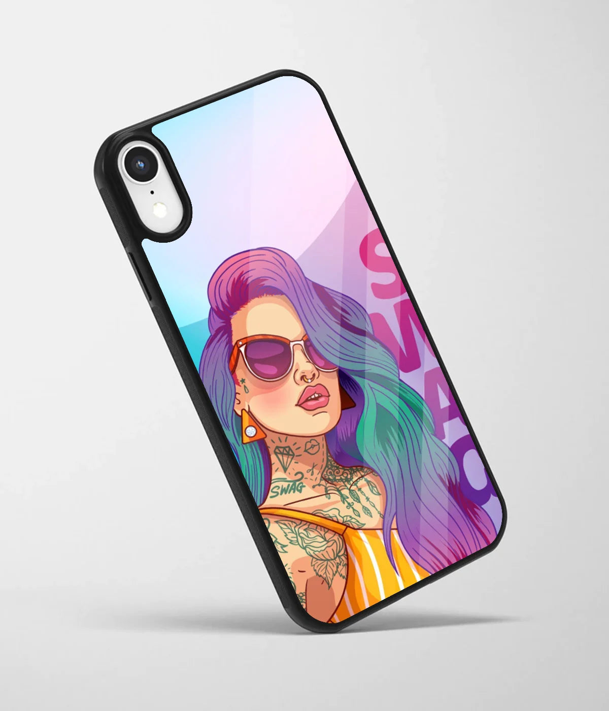 An angled view of a glass phone case featuring a vibrant design.