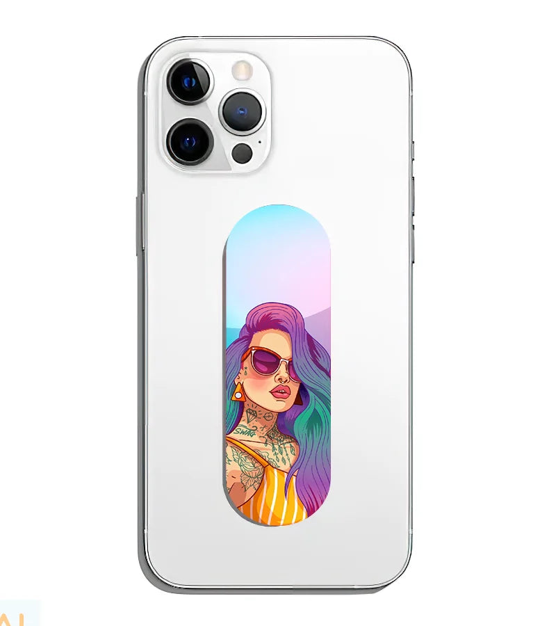 A phone grip slider applied to the back of a smartphone.