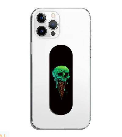 A phone grip slider applied to the back of a smartphone.