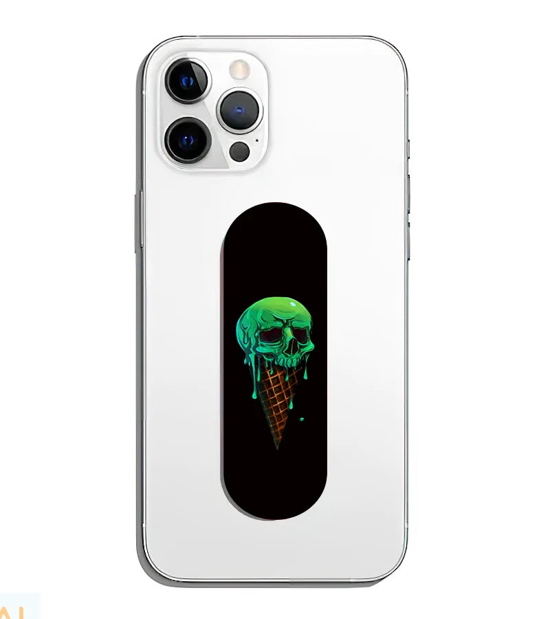 A phone grip slider applied to the back of a smartphone.