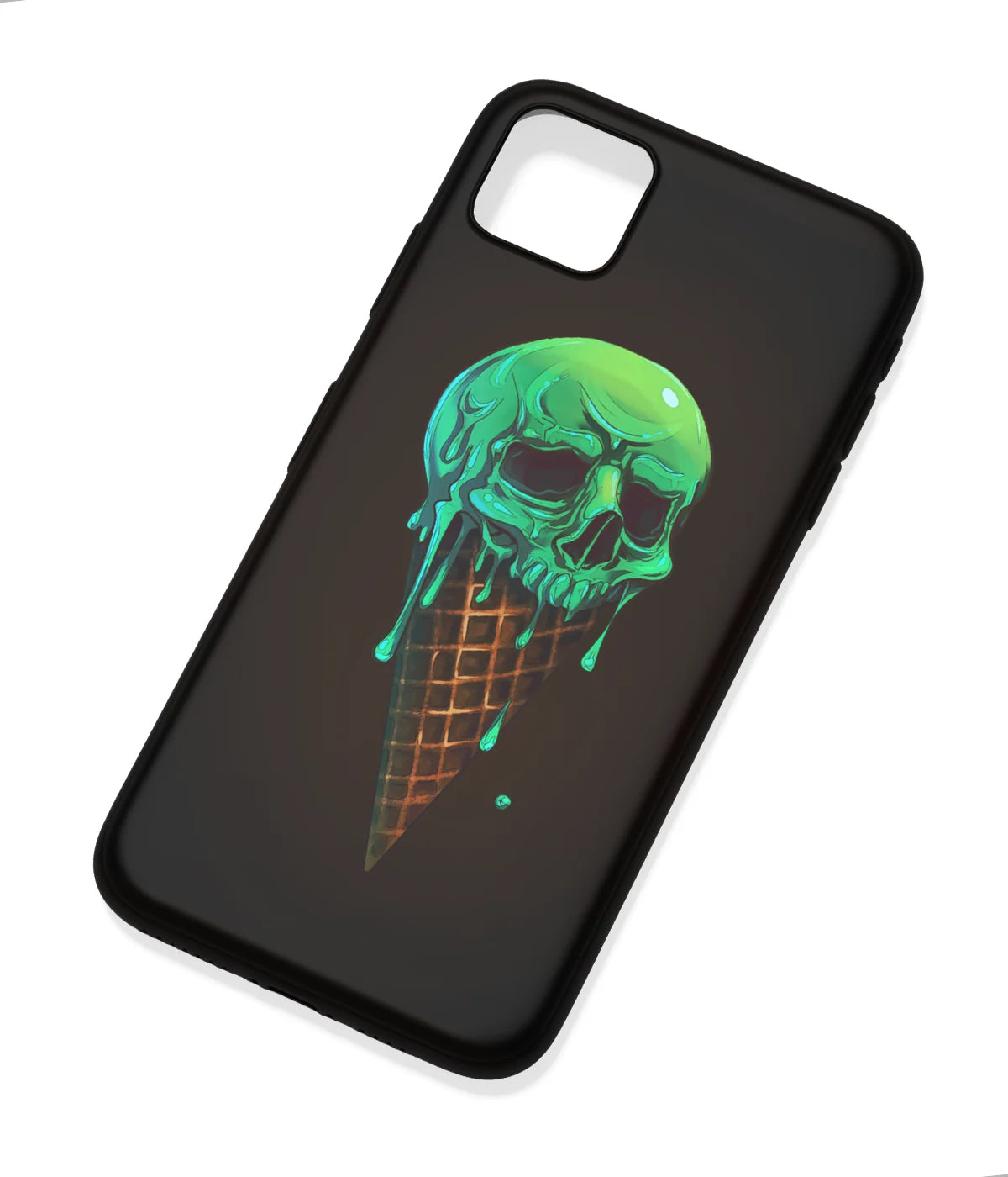 An angled view of a soft silicone case featuring a colorful design.