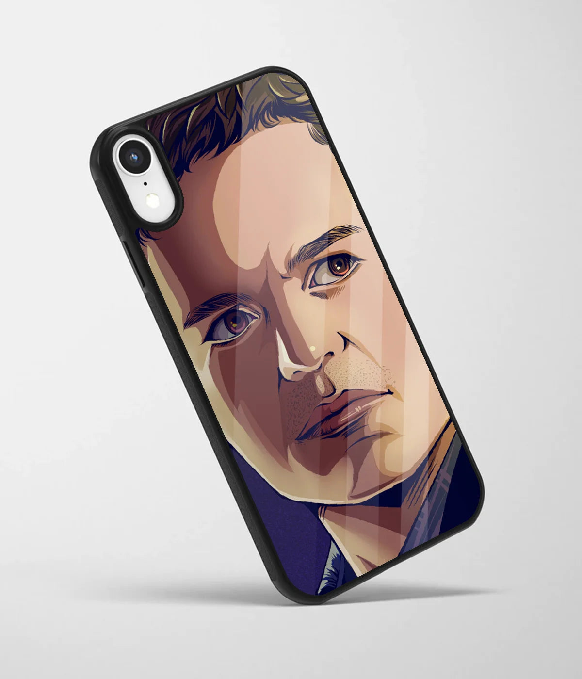 An angled view of a glass phone case featuring a vibrant design.