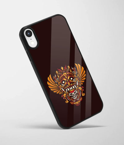 An angled view of a glass phone case featuring a vibrant design.