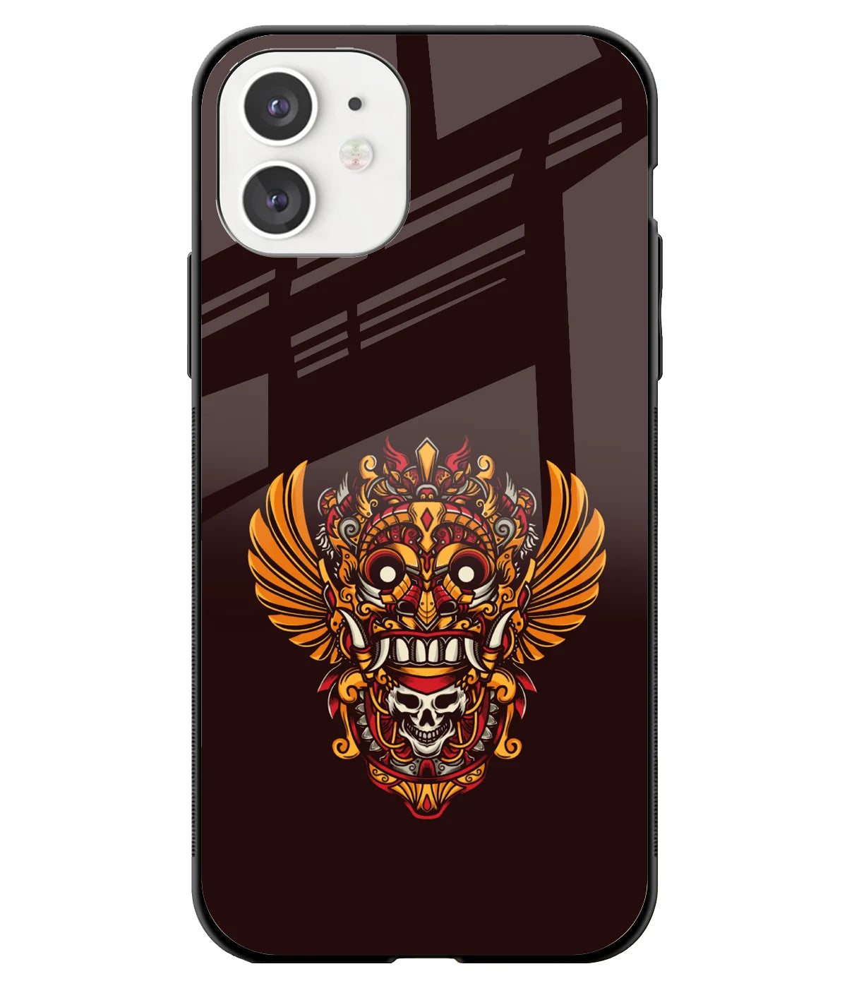 A front-on view of a glass phone case with a colorful design.