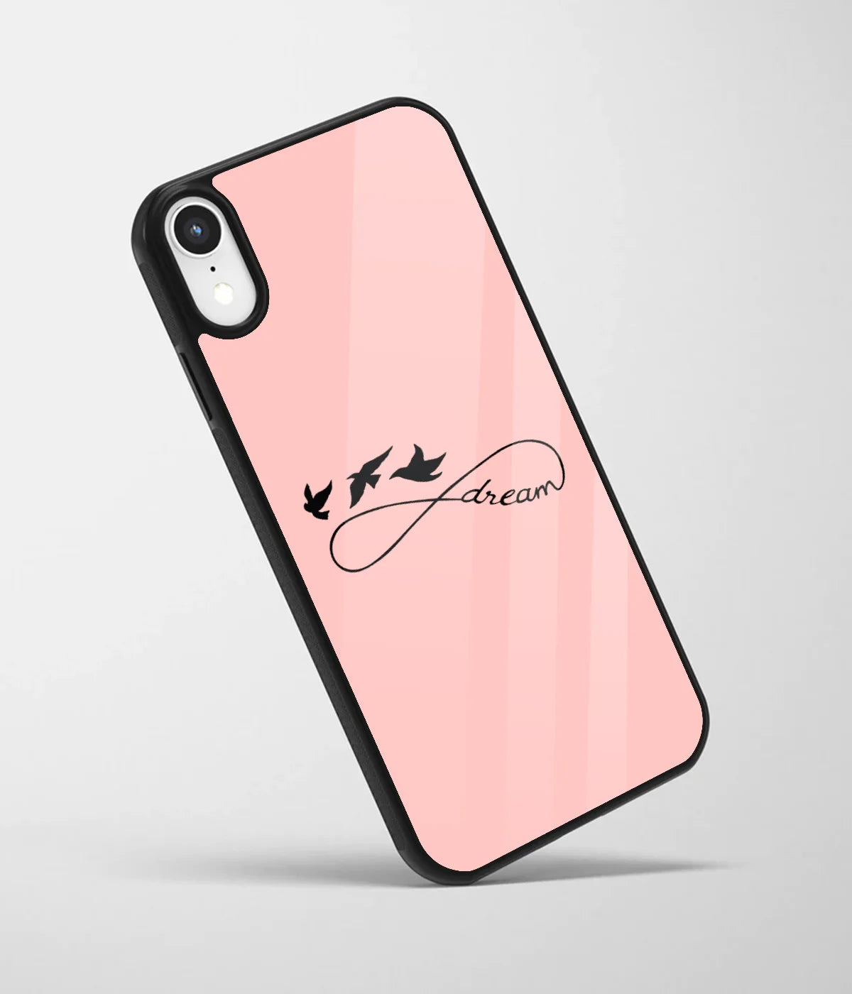 An angled view of a glass phone case featuring a vibrant design.