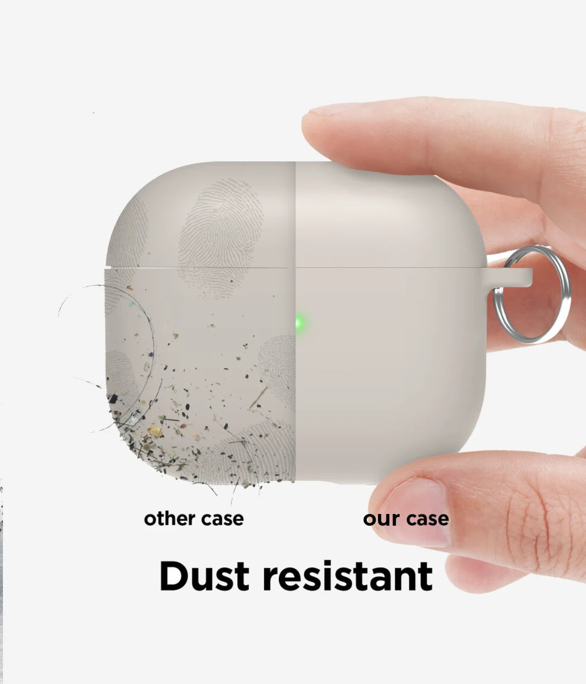 Hand holding a dust-resistant CaseMonkey Airpods silicone case with another case for comparison on a white background.