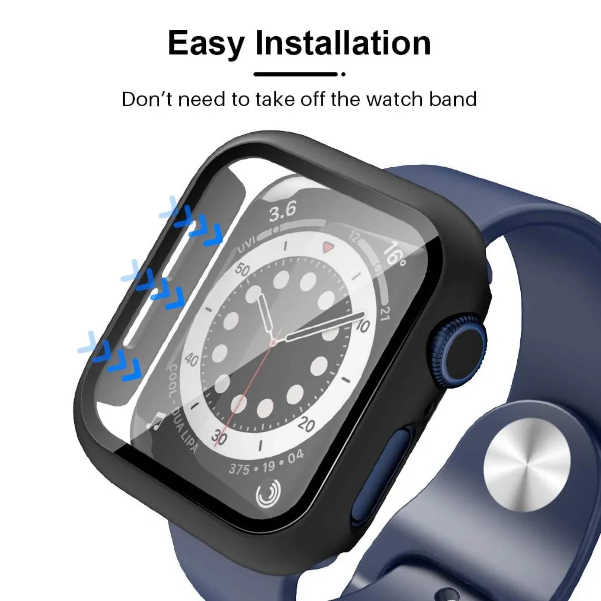 Visual guide illustrating the easy installation of the black Apple Watch case, highlighting the snap-on design.
