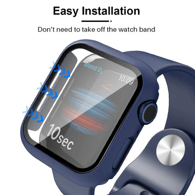 Visual guide illustrating the easy installation of the clear Apple Watch case, highlighting the snap-on design.