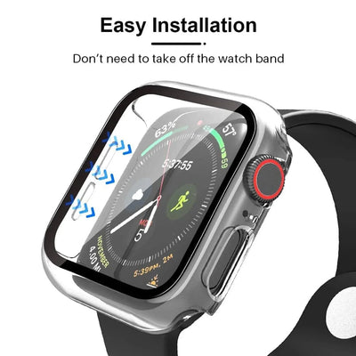 Visual guide illustrating the easy installation of the clear Apple Watch case, highlighting the snap-on design.