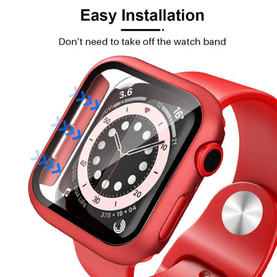 Visual guide illustrating the easy installation of the clear Apple Watch case, highlighting the snap-on design.