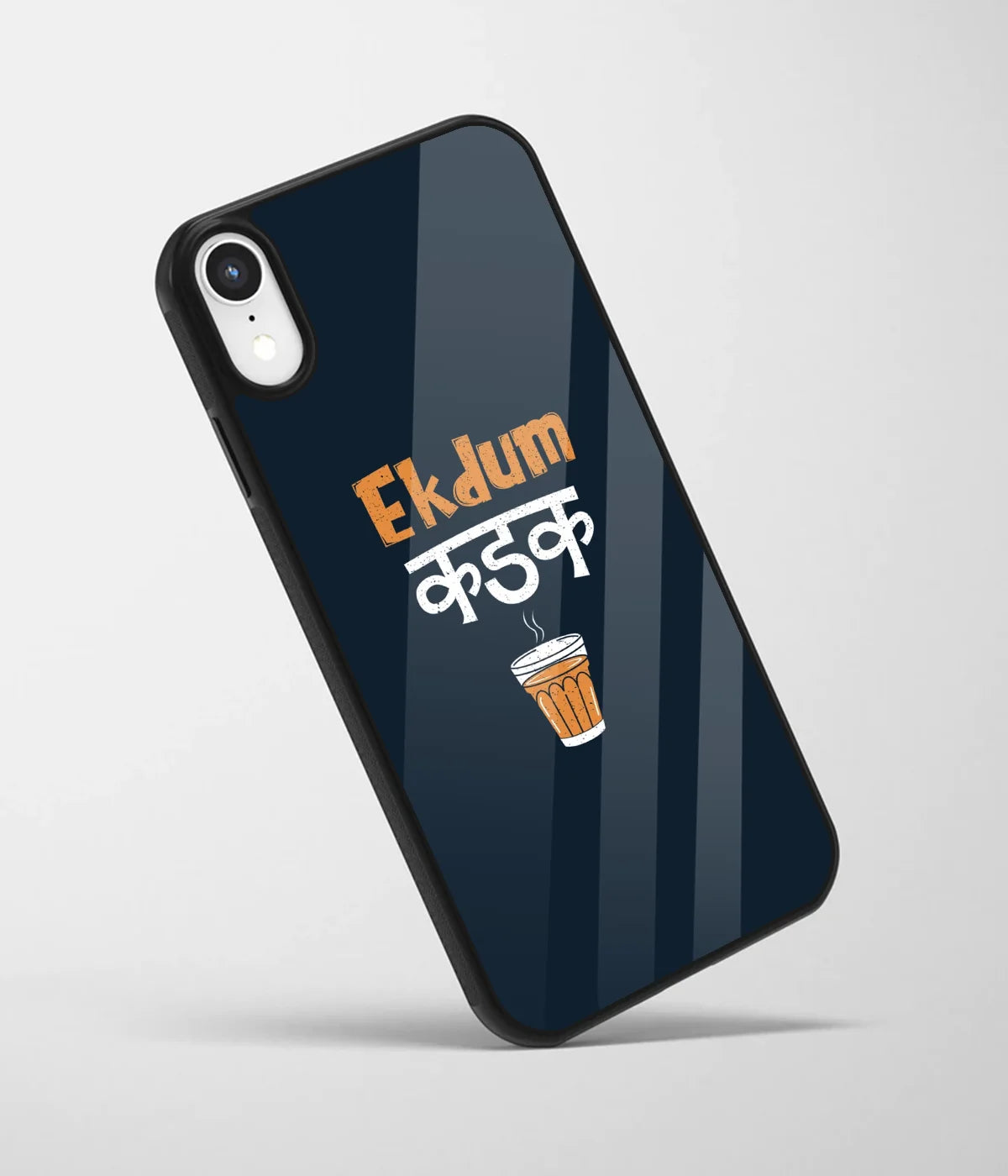 An angled view of a glass phone case featuring a vibrant design.