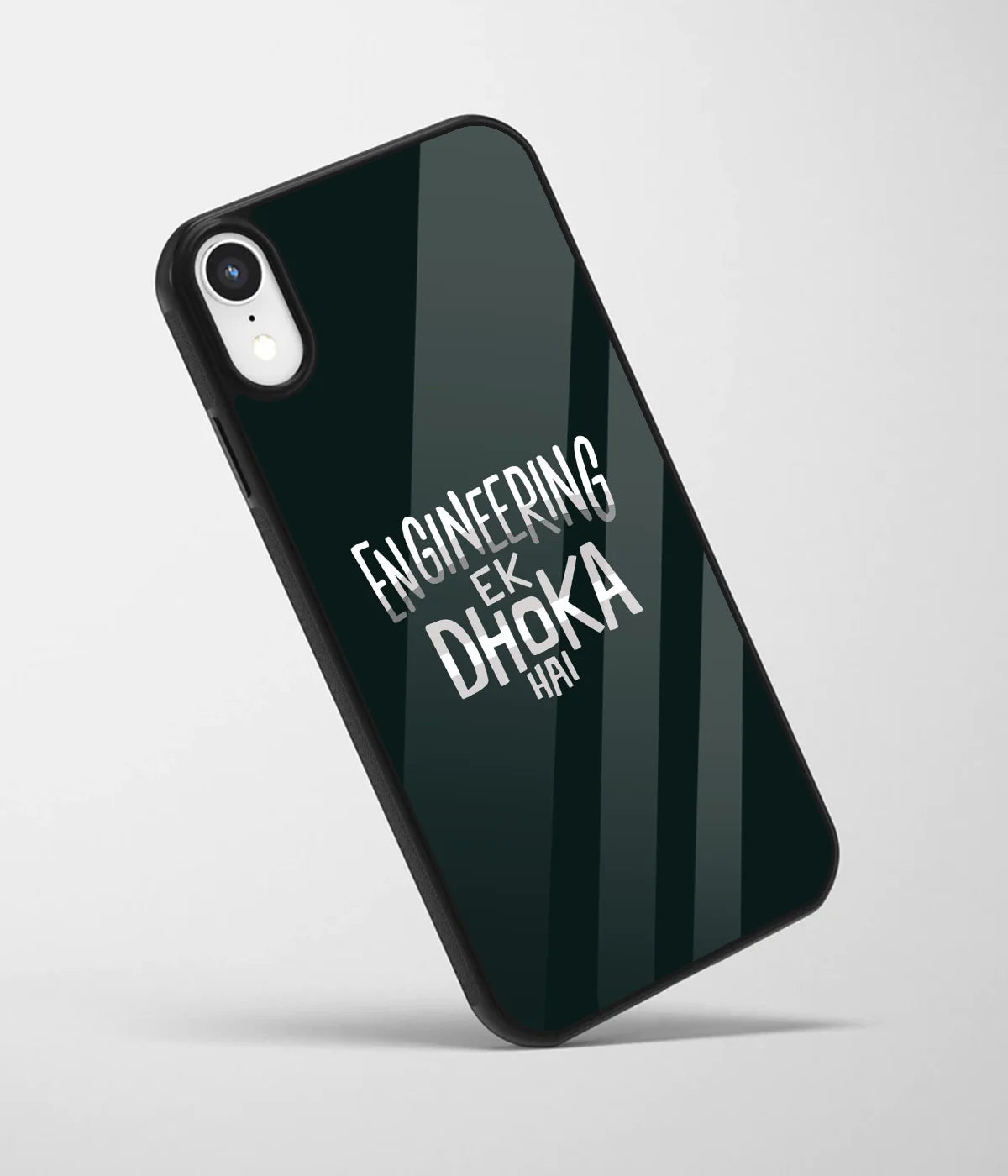 An angled view of a glass phone case featuring a vibrant design.