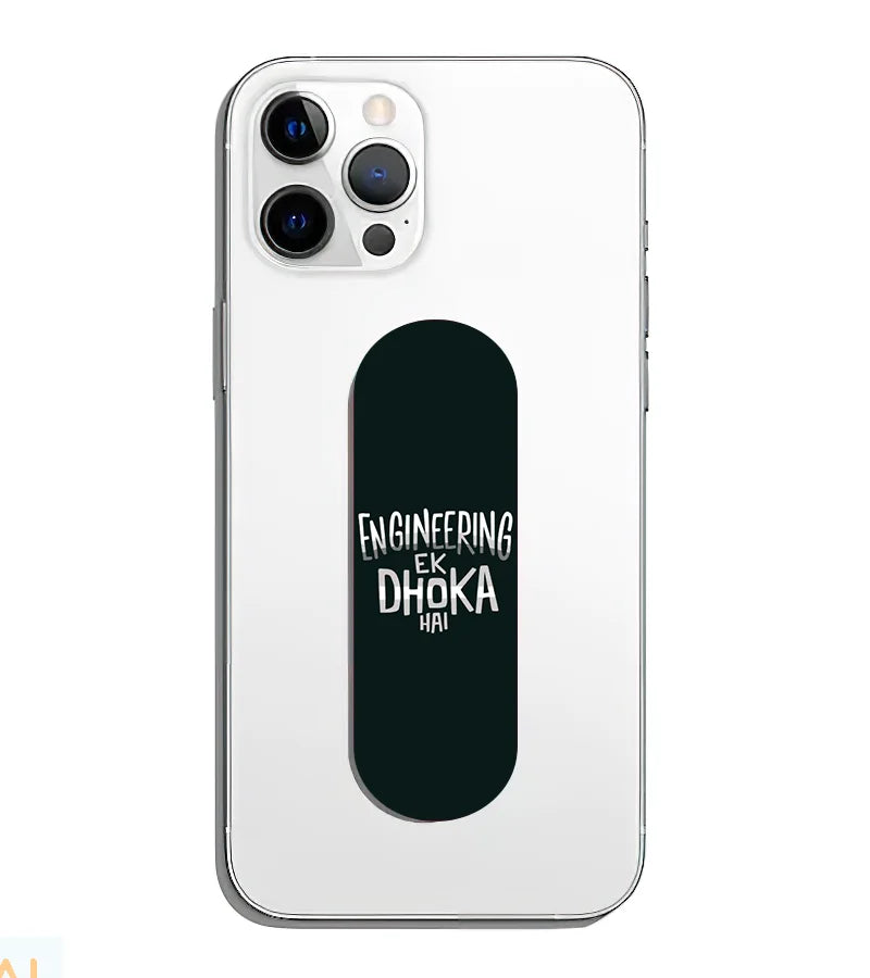 A phone grip slider applied to the back of a smartphone.