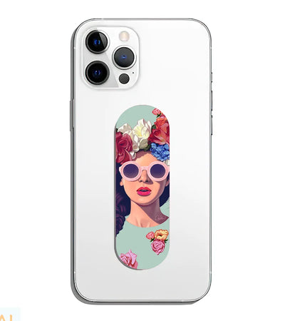 A phone grip slider applied to the back of a smartphone.