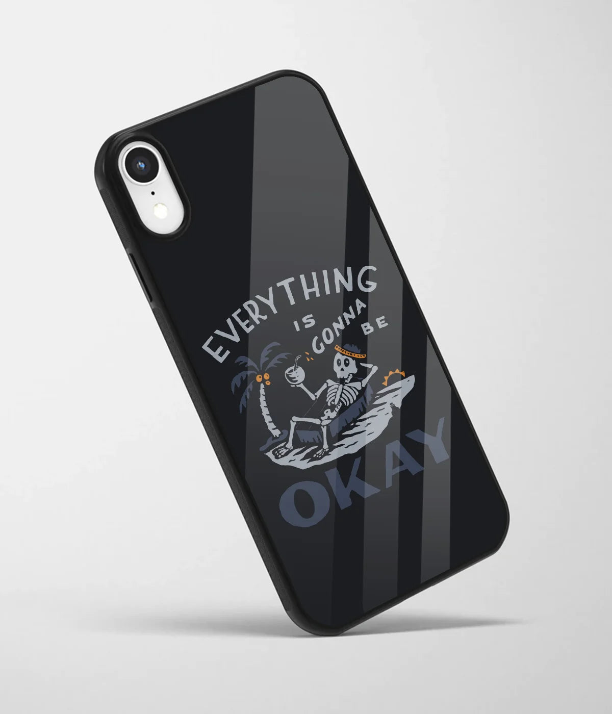 An angled view of a glass phone case featuring a vibrant design.