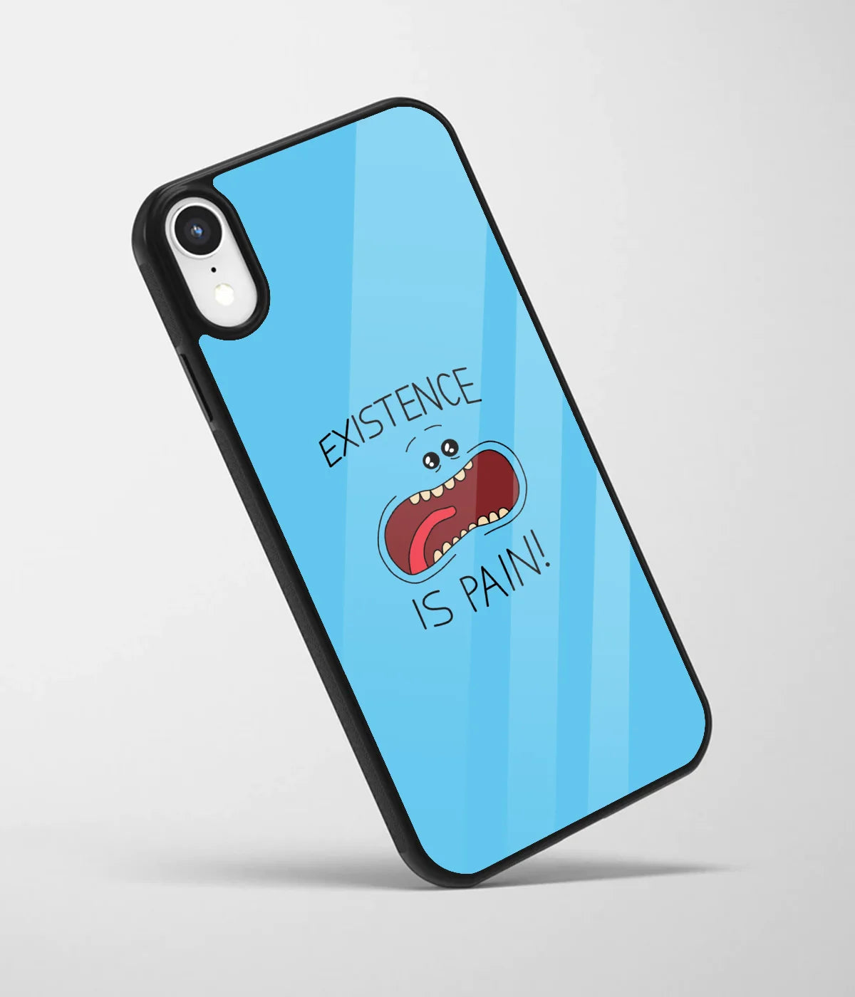 An angled view of a glass phone case featuring a vibrant design.