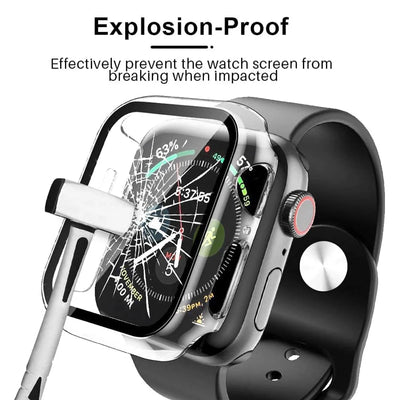 Graphic demonstrating the explosion-proof durability of the clear Apple Watch case.