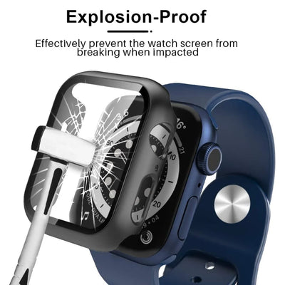 Graphic demonstrating the explosion-proof durability of the clear Apple Watch case.