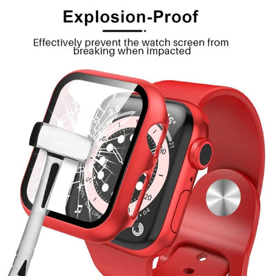 Graphic demonstrating the explosion-proof durability of the clear Apple Watch case.