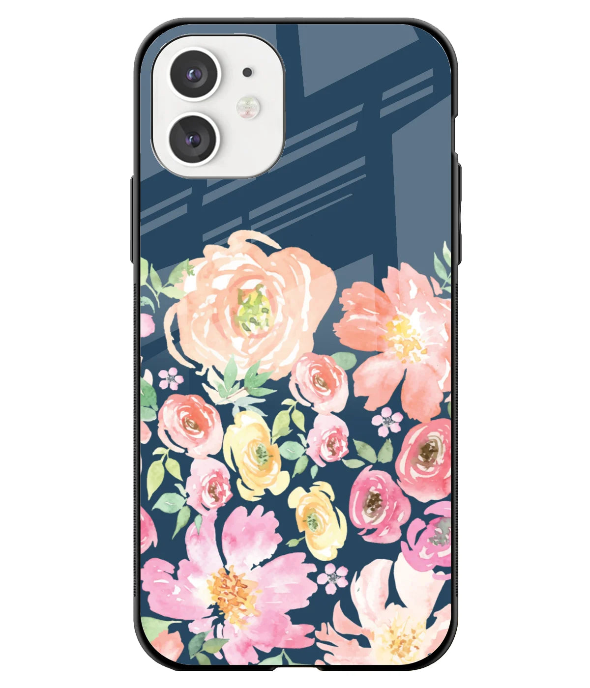 A front-on view of a glass phone case with a colorful design.