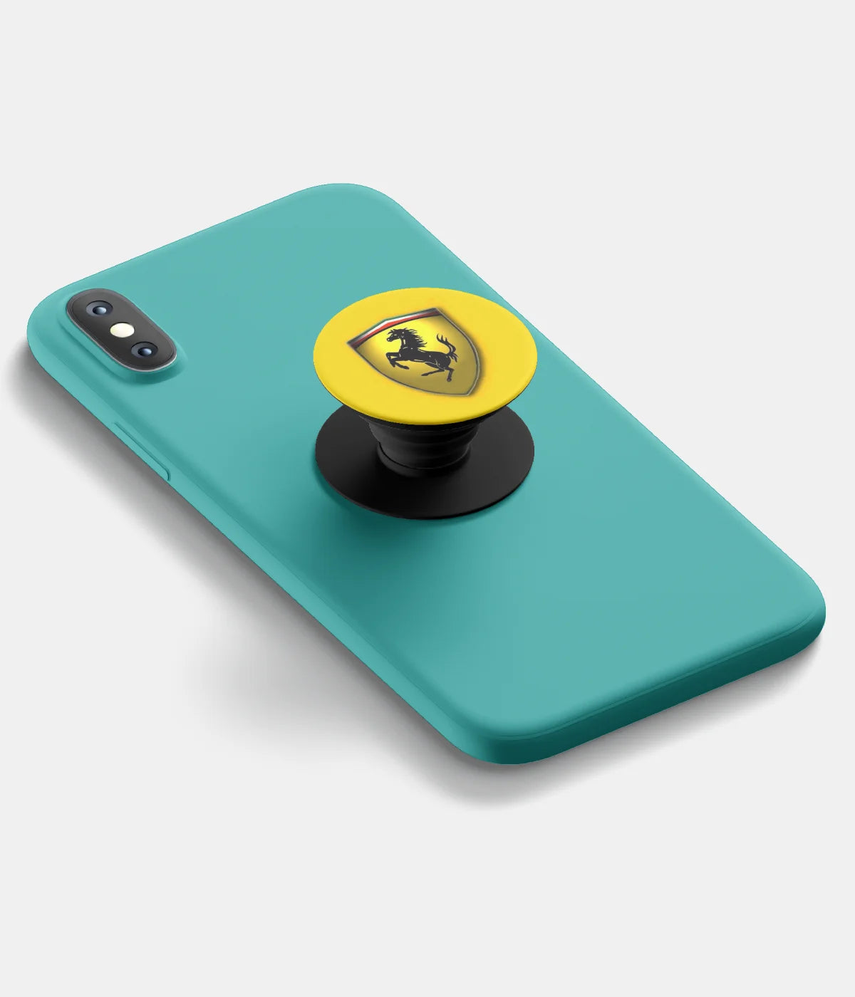 A top-down view of a phone grip holder attached to a mobile phone case on a white background
