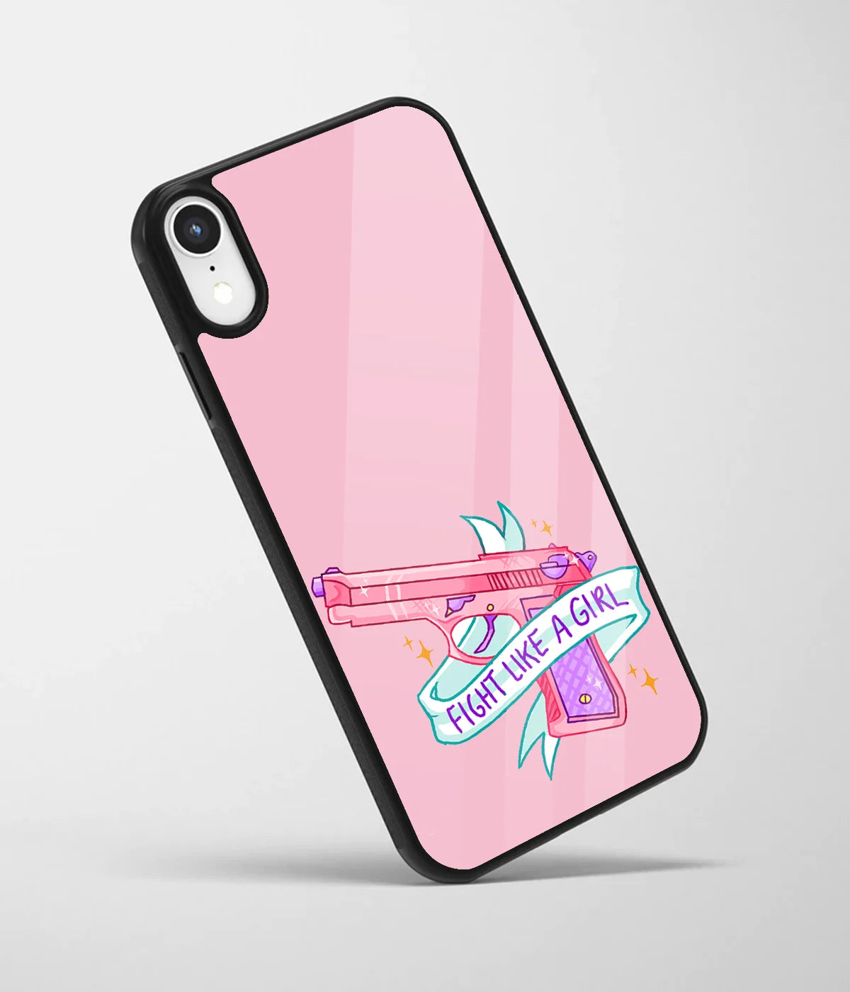 An angled view of a glass phone case featuring a vibrant design.