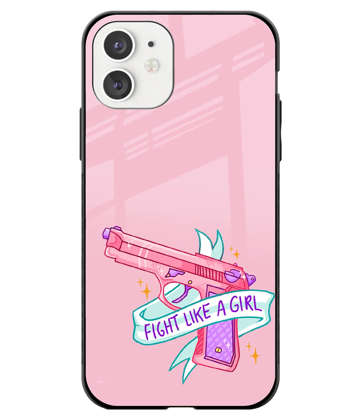 A front-on view of a glass phone case with a colorful design.