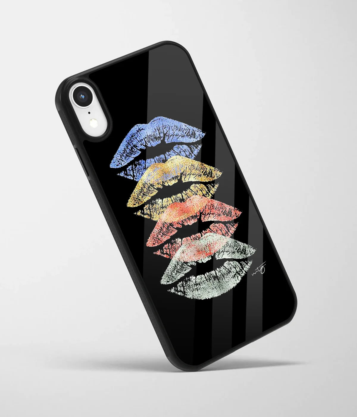 An angled view of a glass phone case featuring a vibrant design.