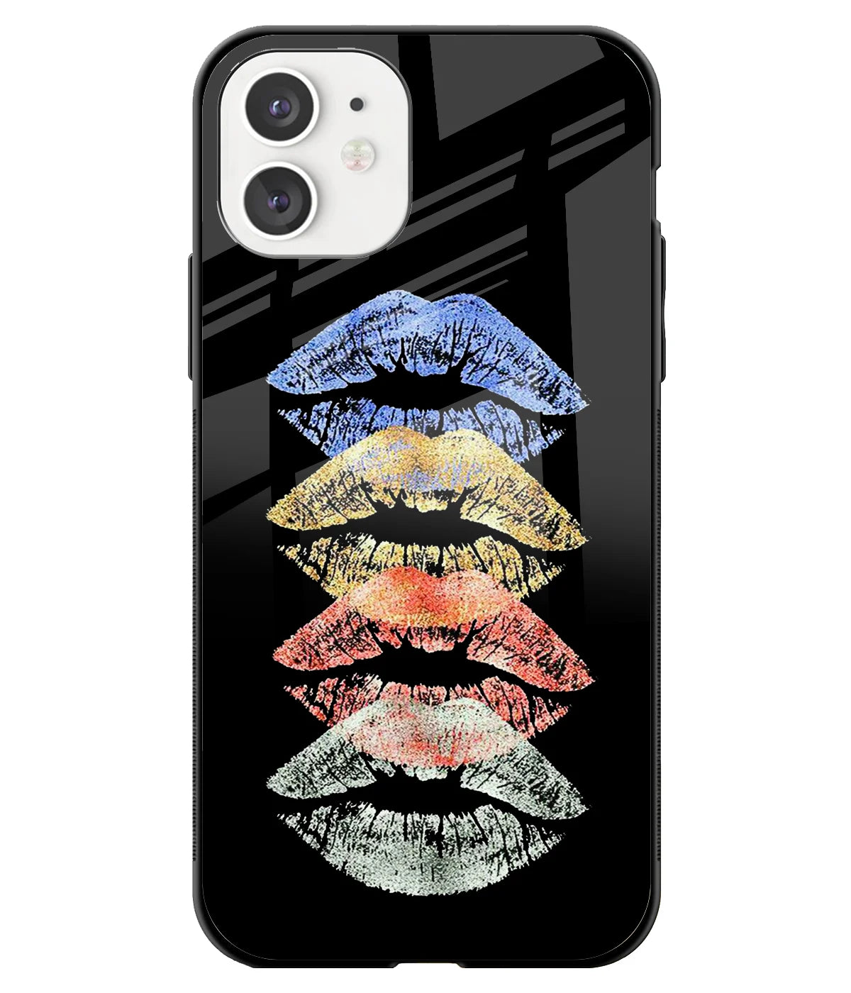 A front-on view of a glass phone case with a colorful design.
