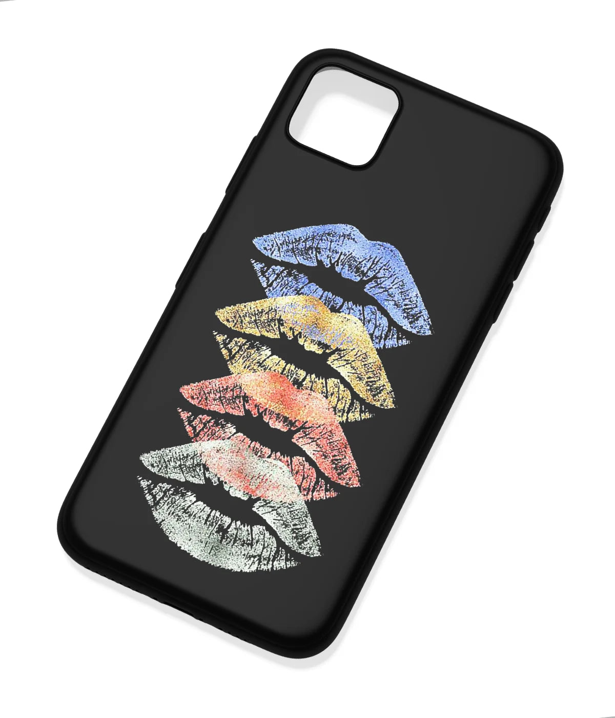 An angled view of a soft silicone case featuring a colorful design.