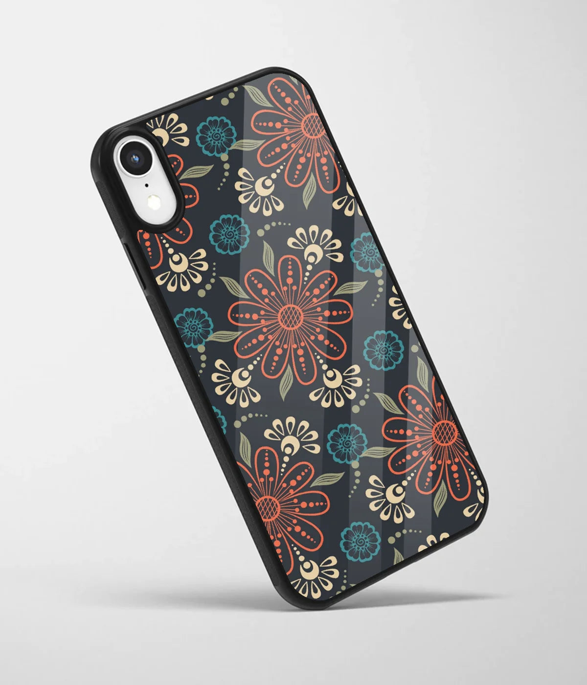 An angled view of a glass phone case featuring a vibrant design.