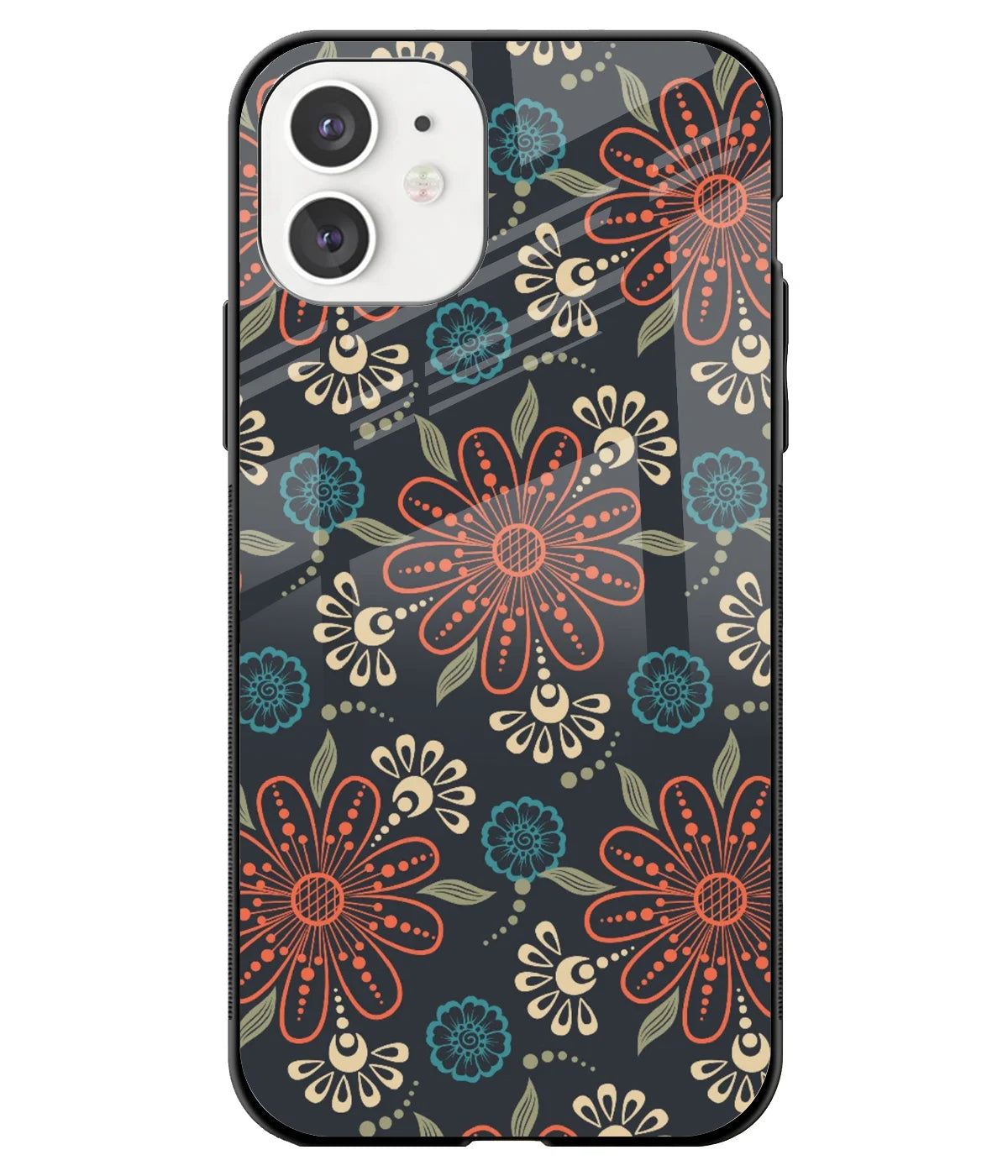 A front-on view of a glass phone case with a colorful design.