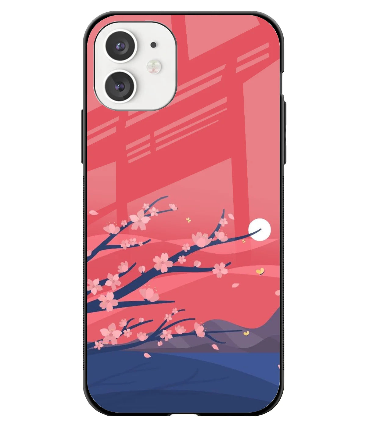 A front-on view of a glass phone case with a colorful design.