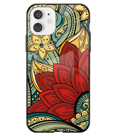 A front-on view of a glass phone case with a colorful design.