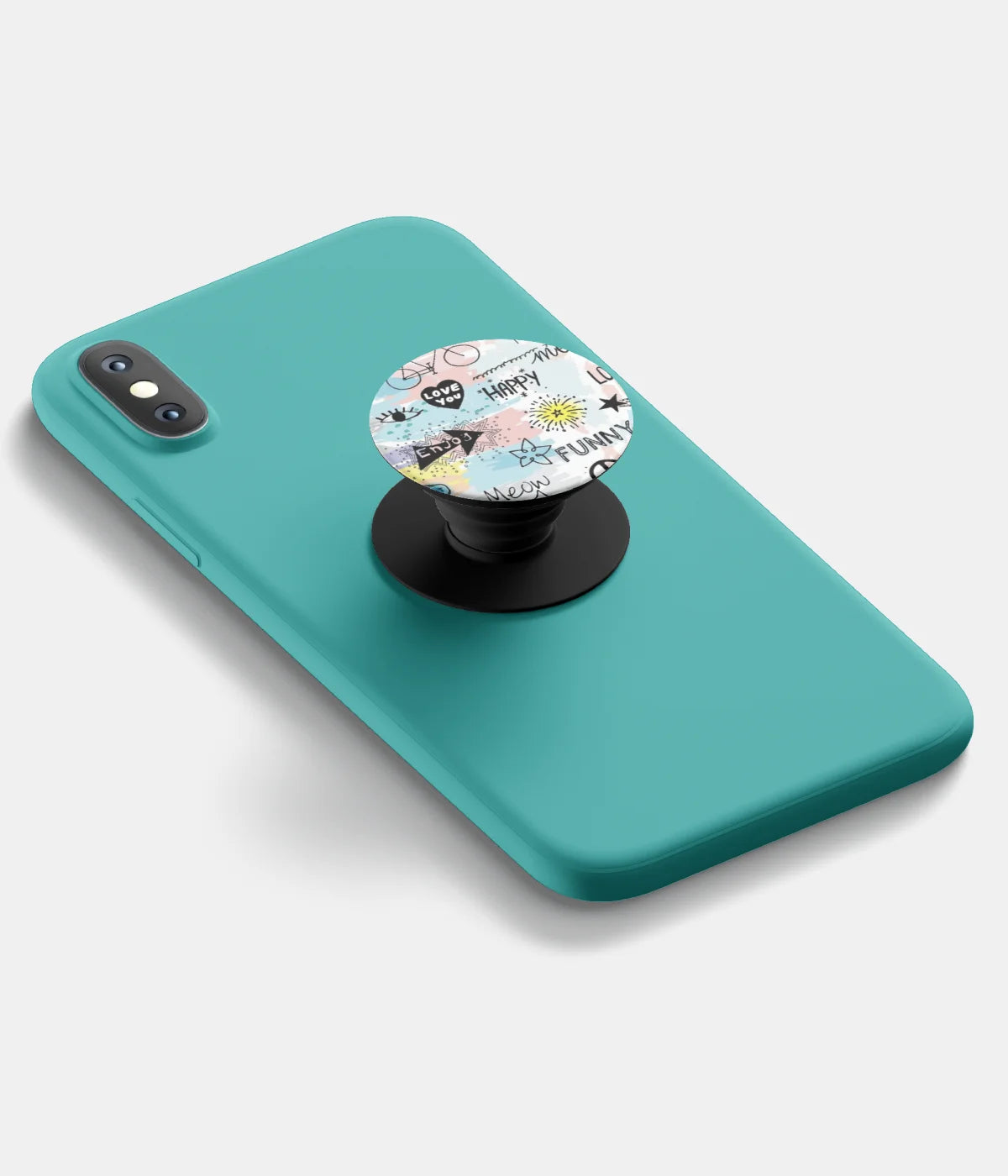 A top-down view of a phone grip holder attached to a mobile phone case on a white background