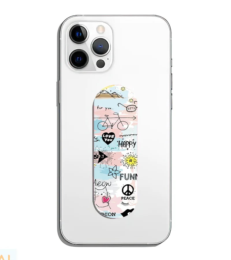 A phone grip slider applied to the back of a smartphone.