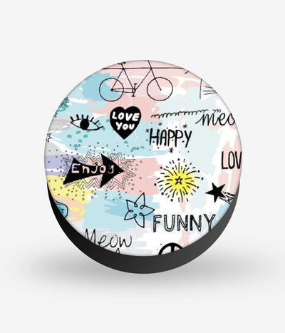 Mobile phone grip with a colorful design on a white background