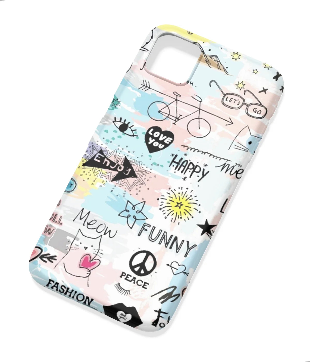 An angled view of a soft silicone case featuring a colorful design.
