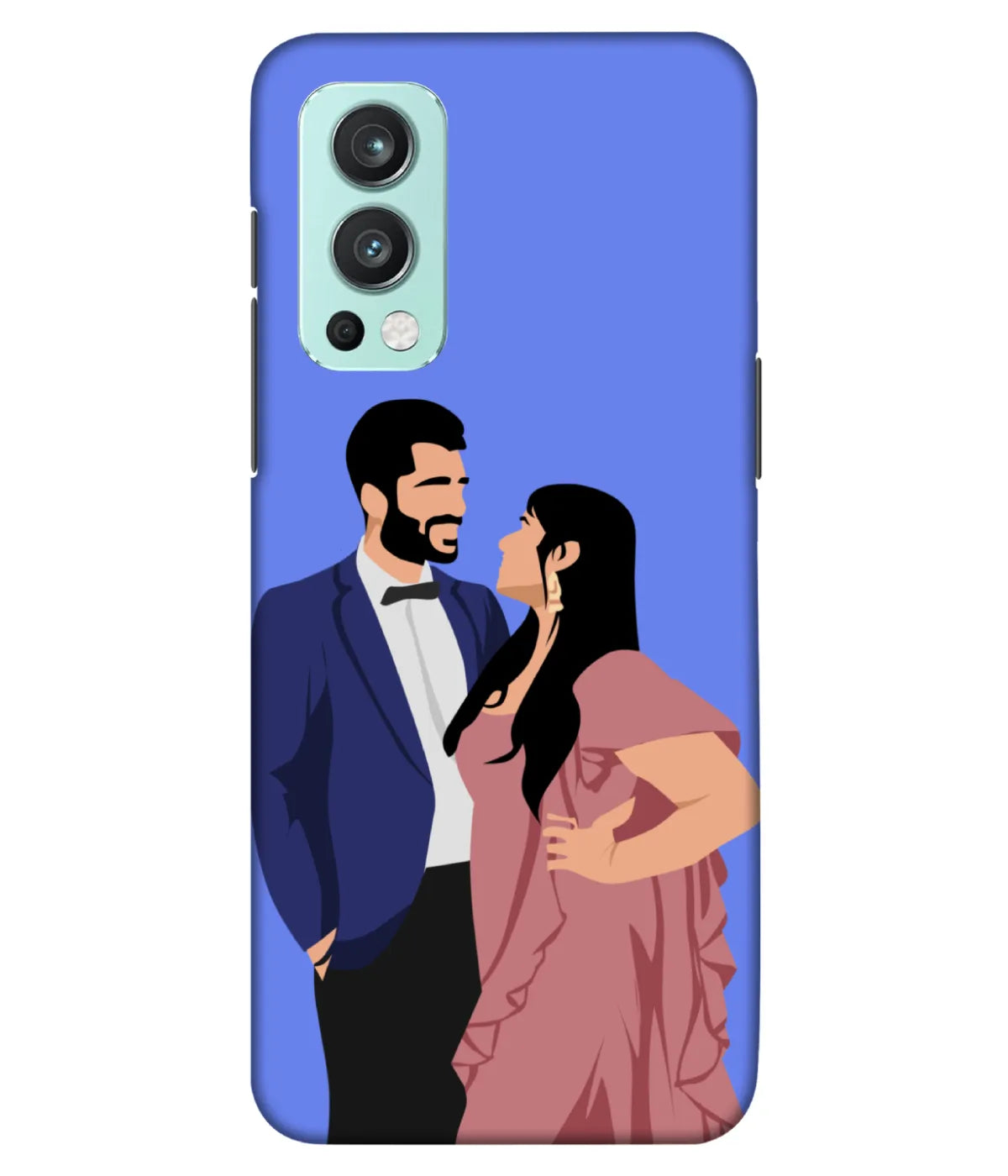 Digital illustration slim hard phone case displaying a custom portrait of a couple in elegant formal wear on a blue background.