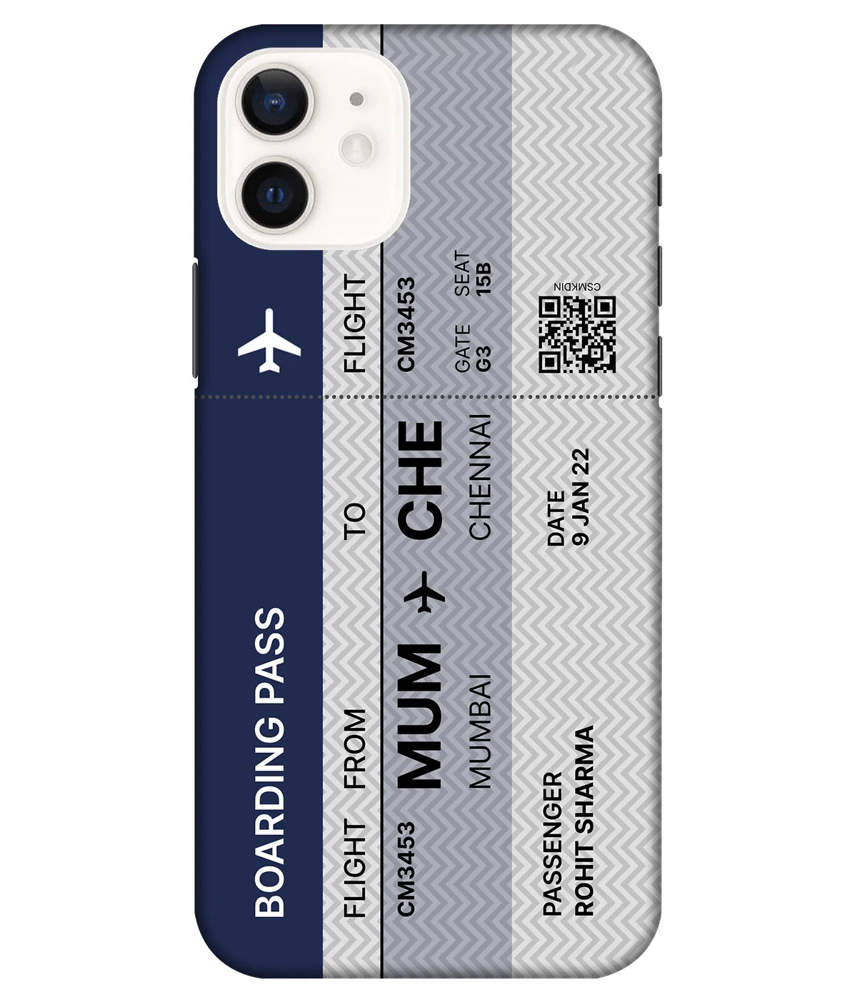 A product shot of a slim hard case with a customizable name denim color.