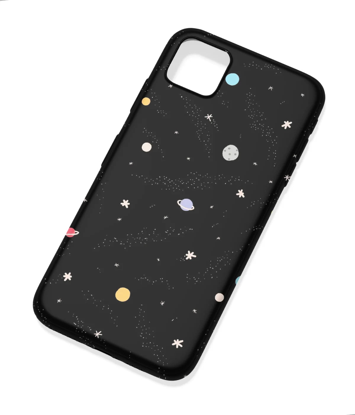 An angled view of a soft silicone case featuring a colorful design.
