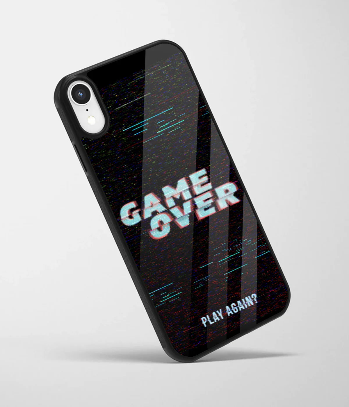 An angled view of a glass phone case featuring a vibrant design.
