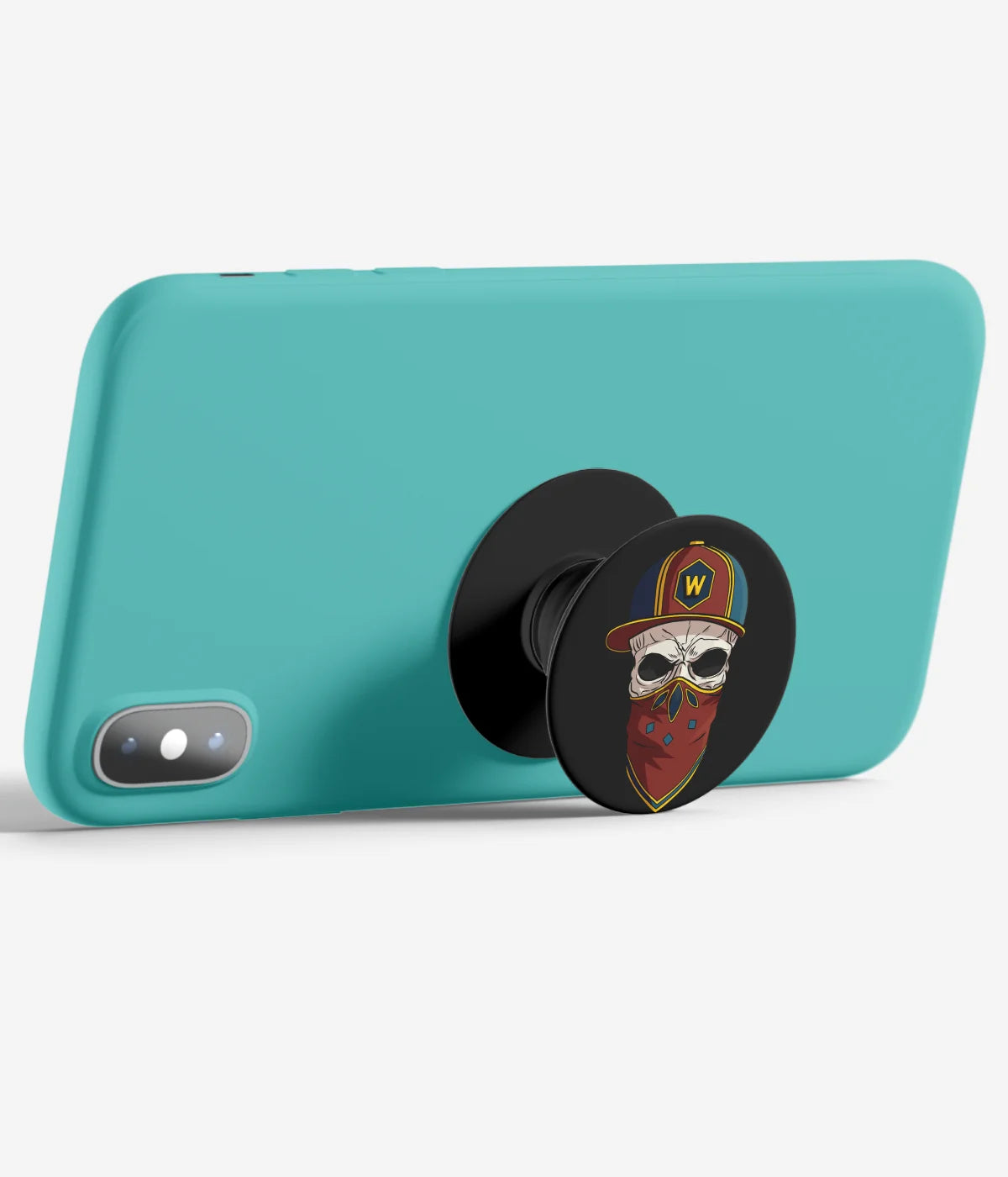 An image demonstrating how to use the phone grip as a stand to hold a mobile phone in landscape mode for hands-free viewing
