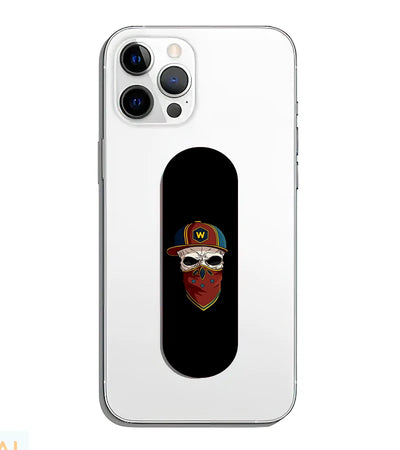 A phone grip slider applied to the back of a smartphone.